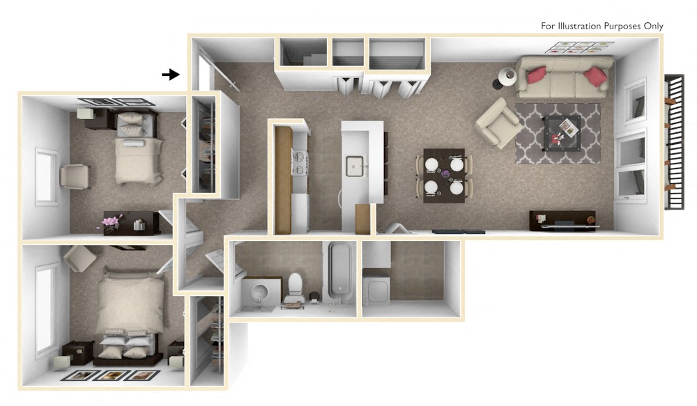 Floor plan for 2 beds, 1 bath, 925 sqft